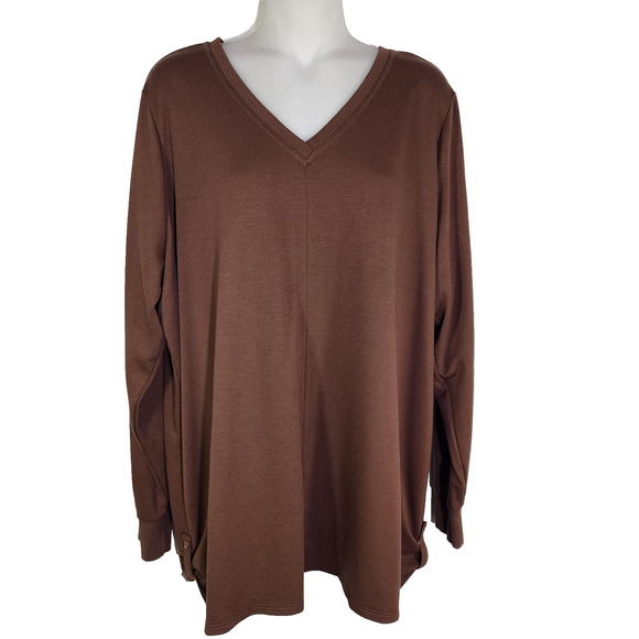 Belle by Kim Gravel Women's Top 1X Snap to It Side Tab V Neck Chestnut A609974 - Picture 1 of 12